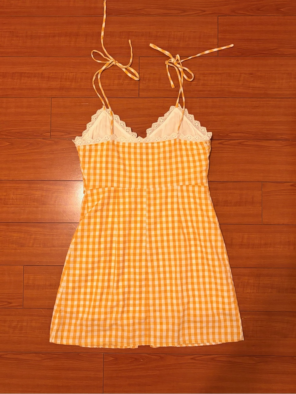 Vintage Yellow Gingham Button-Front Strappy Sundress with Lace Trim - Picture 6 of 8